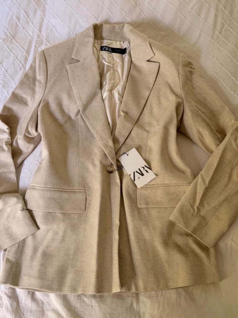 🤎 ZARA • Beige Herringbone Tailored Longline Blazer
